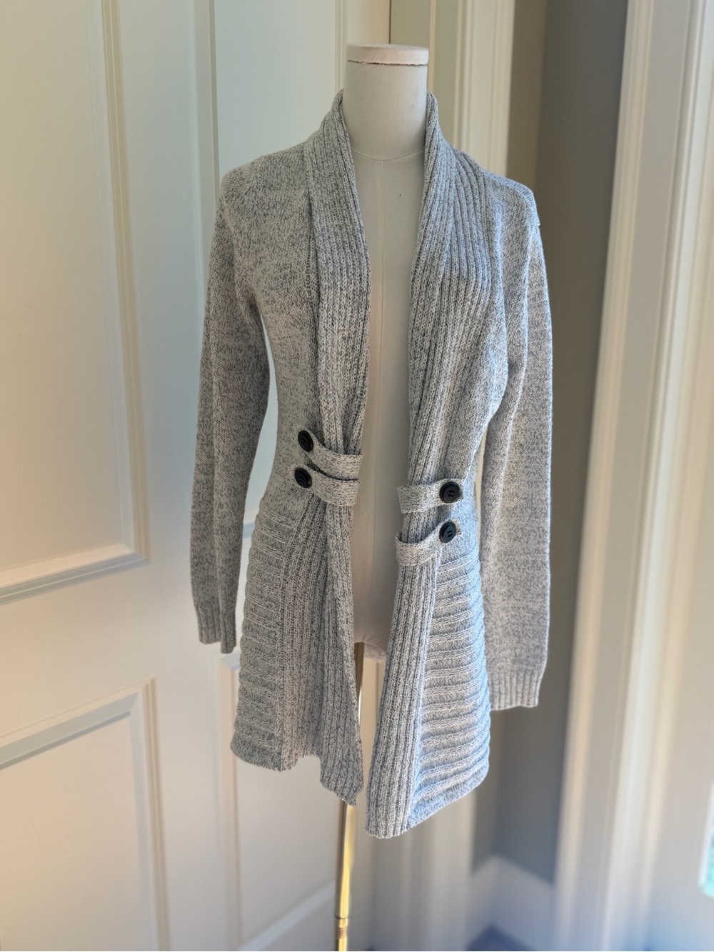 Light Gray Open-Front Ribbed Knit Cardigan with Button Tab Detail